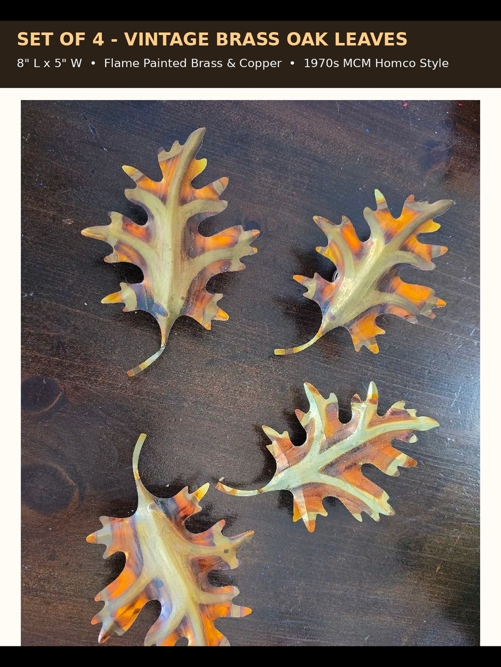 Set of 4 Vintage Brass Oak Leaf Wall Accents - Painted Copper Tones